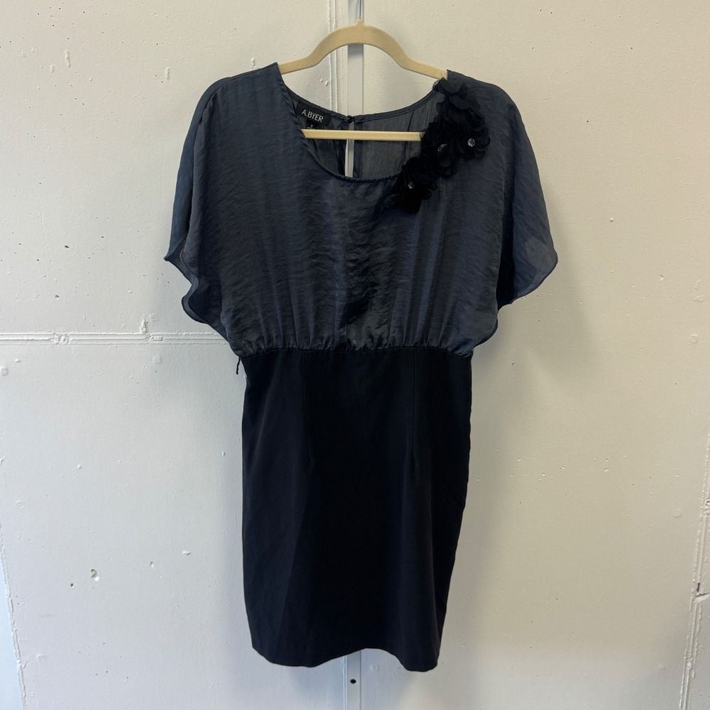 2010s A. Byer Navy Black Floral Applique Dolman Sleeve Cocktail Sheath Dress 9